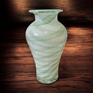 Hand Blown Art Glass Green and White Swirl Heavy Vase 11.5 inch